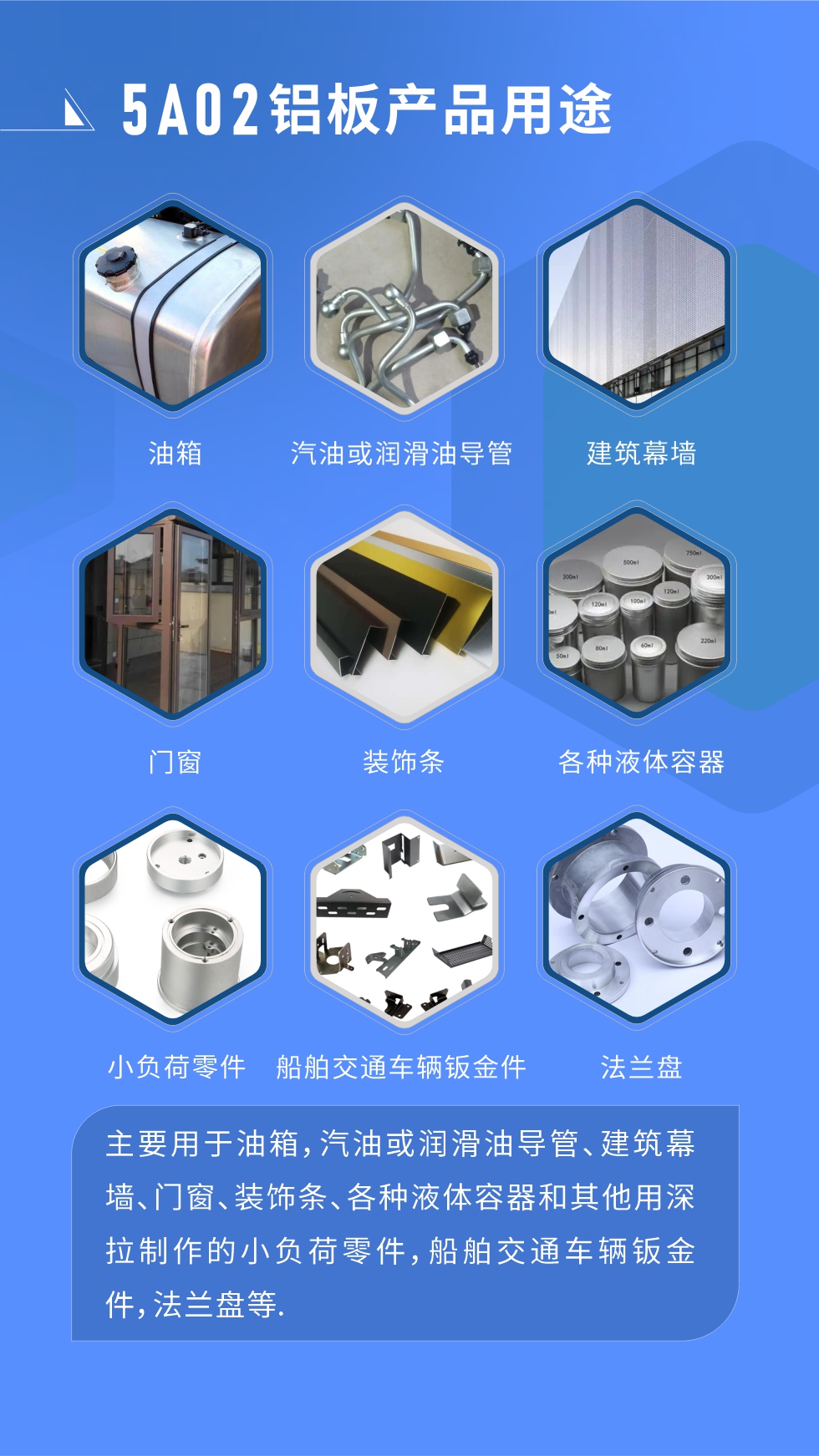 5A02鋁板產(chǎn)品用途:
主要用于油箱，汽油或潤(rùn)滑油導(dǎo)管、建筑幕墻、門窗、裝飾條、各種液體容器和其他用深拉制作的小負(fù)荷零件，船舶交通車輛鈑金件，法蘭盤等.
