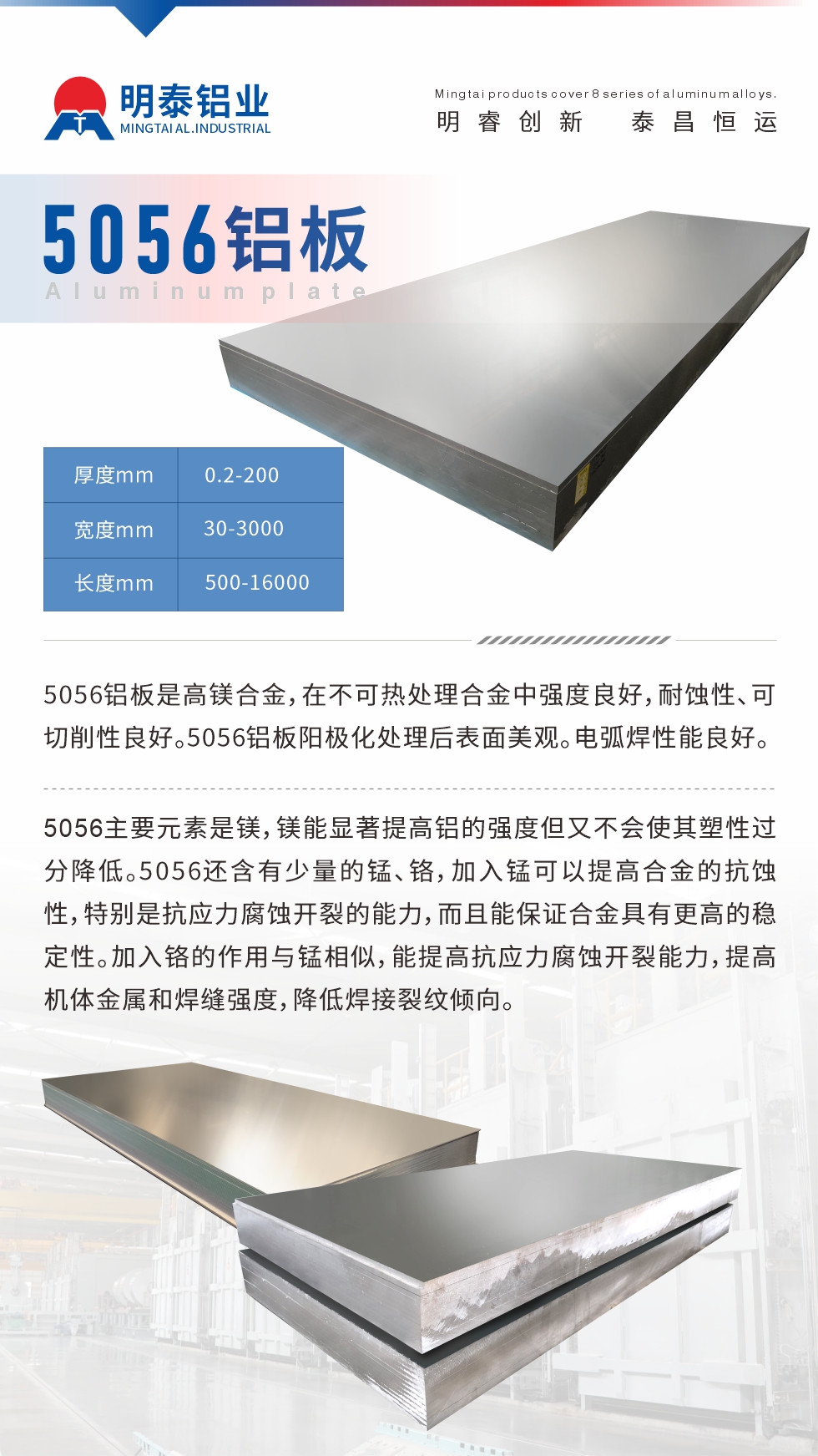 5056鋁板介紹
　　5056鋁板是高鎂合金，在不可熱處理合金中強(qiáng)度良好，耐蝕性、可切削性良好。5056鋁板陽(yáng)極化處理后表面美觀(guān)。電弧焊性能良好。
　　5056主要元素是鎂，鎂能顯著提高鋁的強(qiáng)度但又不會(huì)使其塑性過(guò)分降低。5056還含有少量的錳、鉻，加入錳可以提高合金的抗蝕性，特別是抗應(yīng)力腐蝕開(kāi)裂的能力，而且能保證合金具有更高的穩(wěn)定性。加入鉻的作用與錳相似，能提高抗應(yīng)力腐蝕開(kāi)裂能力，提高機(jī)體金屬和焊縫強(qiáng)度，降低焊接裂紋傾向。